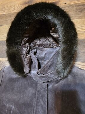 BGSD Women's Hooded Genuine Suede Leather Coat with Fur Trim - Taupe 1X